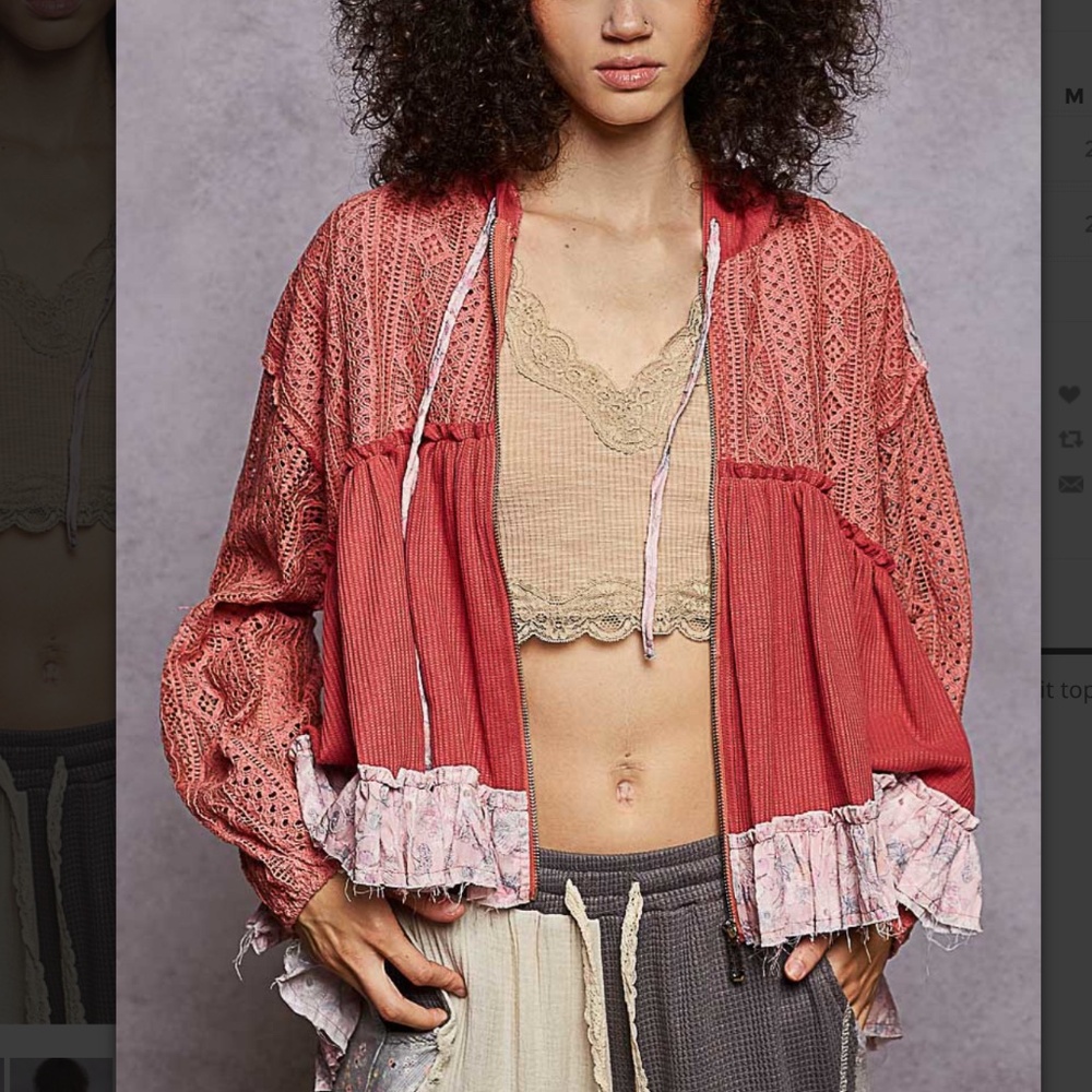 POL Hoodie Zip Up Top With Crochet Lace
